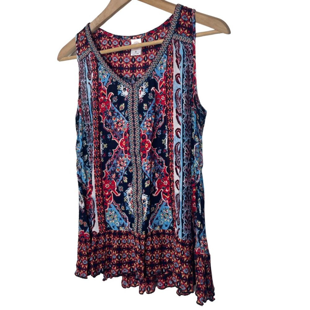 BILA | Boho Embroidered Floral Tunic Ruffle Sleeveless Blouse Tank Top | Size S - Picture 4 of 12
